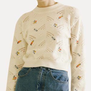 Storia Embroidered Floral and Pom-Pom Detail Cream Knit Sweater